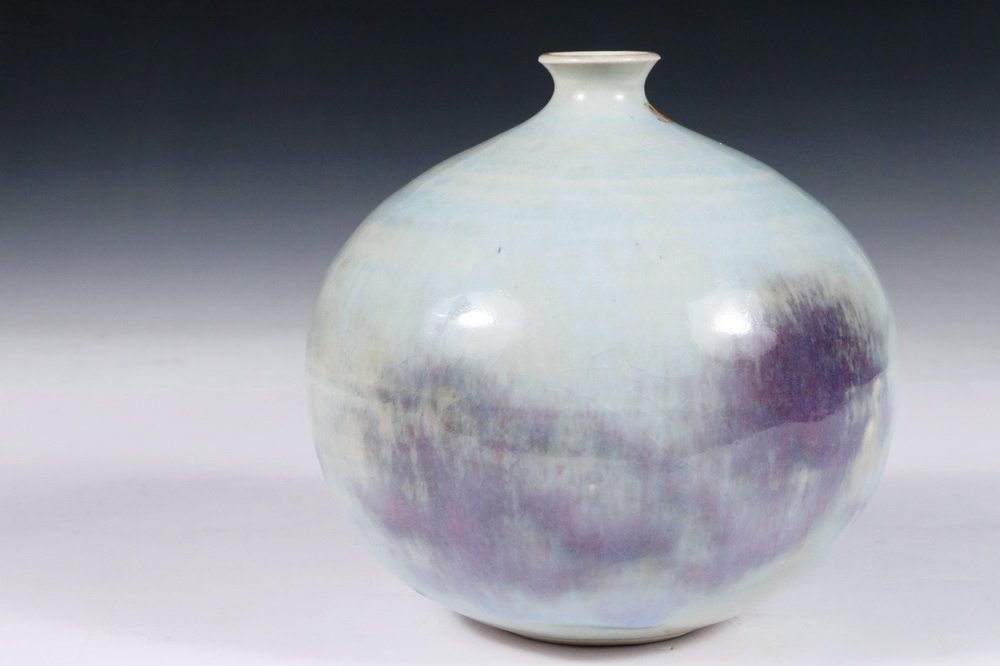 THOMAS BEZANSON (VT, 1929-2007) - Globular Art Pottery: THOMAS BEZANSON (VT, 1929-2007) - Globular Art Pottery Vase with Narrow Flared Rim in Opalescent Celadon and Purple Copper Glaze, incised on base "Benedictine Monks, Weston, Vermont" and in marker "UR