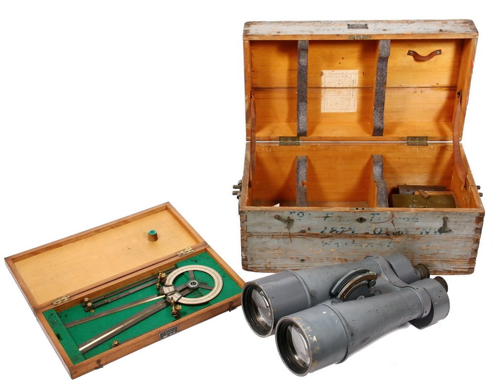 WWII JAPANESE CASED NAVAL BINOCULARS & PROTRACTOR - (1 of 7)