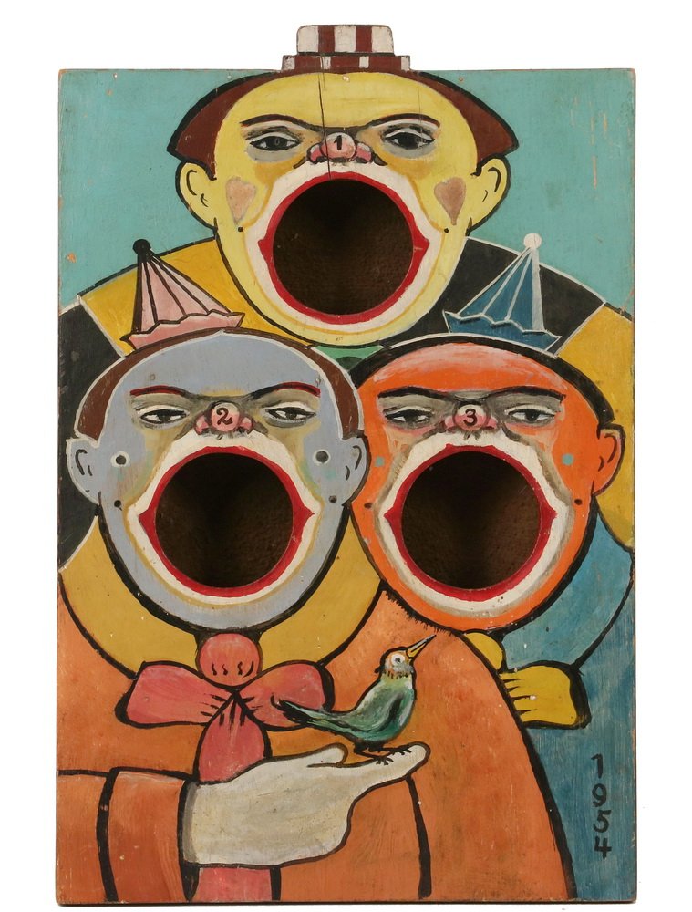 CARNIVAL BEAN BAG TOSS - Hand Made and Painted Three: CARNIVAL BEAN BAG TOSS - Hand Made and Painted Three Hole Toss, wall-hanging, having portraits of three clowns with open mouths as targets, one has a bird on his gloved finger, marked '1954' lower rig