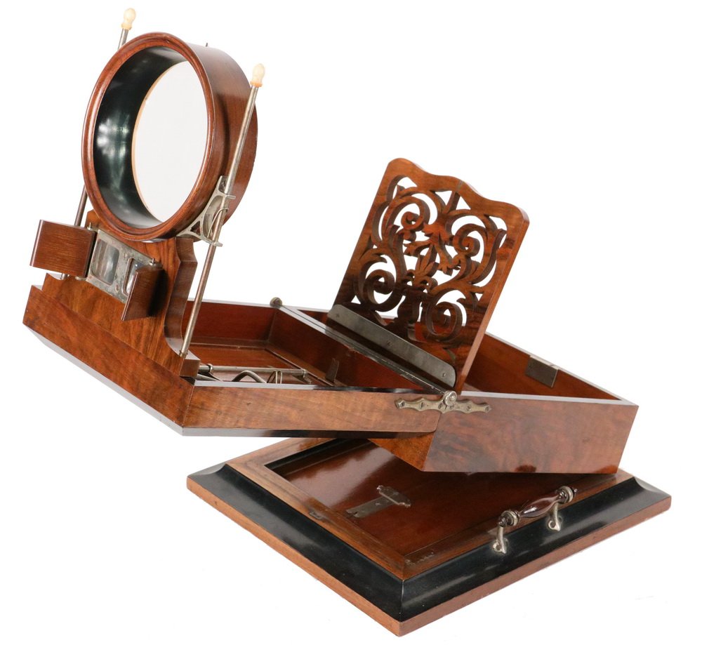 19TH C GLASS SLIDE & STEREOVIEWER - Scarce Victorian: 19TH C GLASS SLIDE & STEREOVIEWER - Scarce Victorian Rosewood and Black Lacquer Table Top Large Stereoscope and Cabinet Card Photo Viewer, circa 1870, probably British, having an integral adjustable l