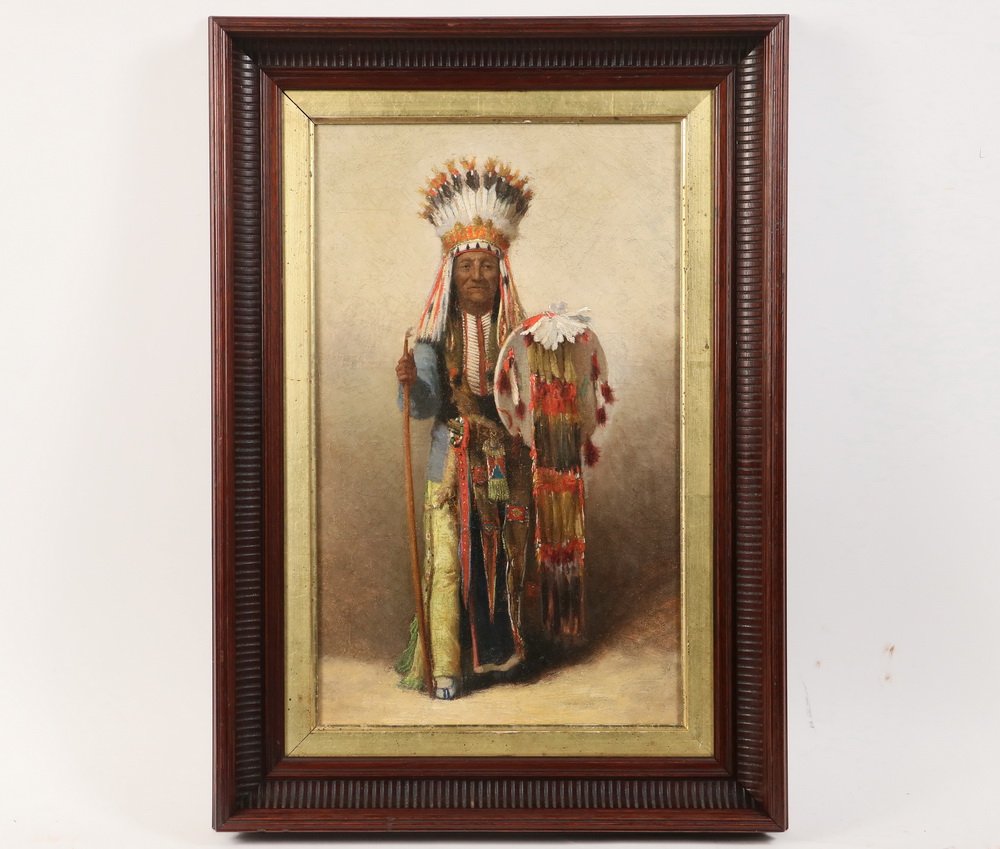 ATTRIBUTED TO CHARLES CRAIG (CO/OH, 1846-1931) -: ATTRIBUTED TO CHARLES CRAIG (CO/OH, 1846-1931) - Portrait of a Southern Ute Native American Chief, probably southwestern Colorado, full-length, in battle regalia, oil on canvas, unsigned, circa 1890s,