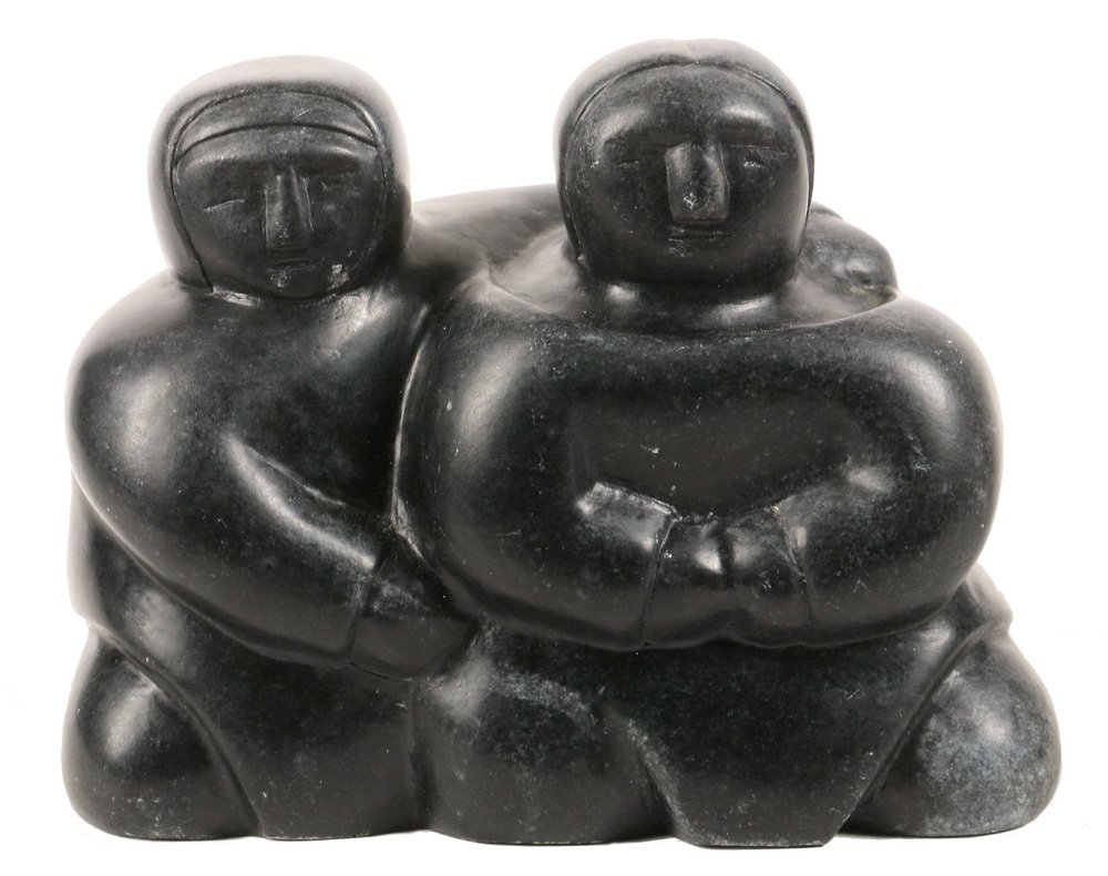 MALAYA AKULUKJUK (Canada, 1915-1995) - Inuit,: MALAYA AKULUKJUK (Canada, 1915-1995) - Inuit, Pangnirtung, Nunavut Territory, Canada. The Happy Couple, in Baffin Island form, carved soapstone, signed on bottom 'Malaya' in Inuit, with Canadian 'Iglo
