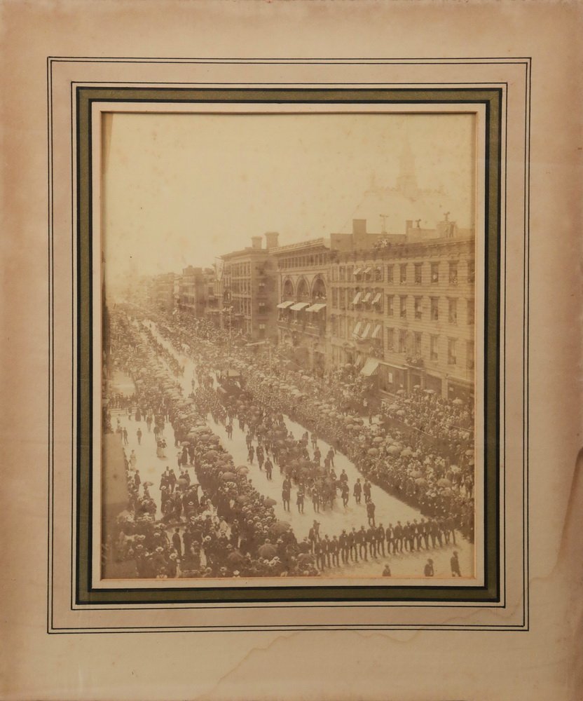 ORIGINAL PHOTO OF GRANT FUNERAL - Elephant Cabinet: ORIGINAL PHOTO OF GRANT FUNERAL - Elephant Cabinet Albumen Photo of President Ulysses S. Grant's Funeral Procession, by H.N. Tieman & Co., depicting his hearse on Broadway, August 8, 1885, part of the
