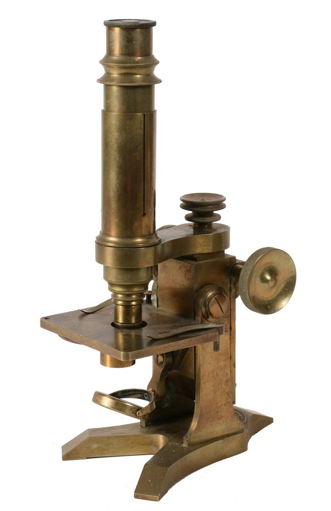 ANTIQUE MICROSCOPE - 19th c. Solid Brass English: ANTIQUE MICROSCOPE - 19th c. Solid Brass English Monocular Microscope by Moritz Pillischer of London "The International Manufacturer", with s/n 5380, having a heavy yoke pivot and horseshoe base. 10" 