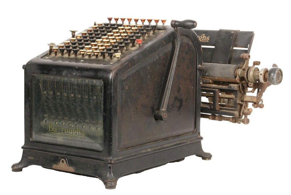 ANTIQUE ADDING MACHINE/CALCULATOR - Burroughs Model No.: ANTIQUE ADDING MACHINE/CALCULATOR - Burroughs Model No. 9, Class 1, s/n 781182, 9 column, circa 1910, iron case with beveled glass front only. 14" x 20" x 22". Needs restoration. 54 pounds.