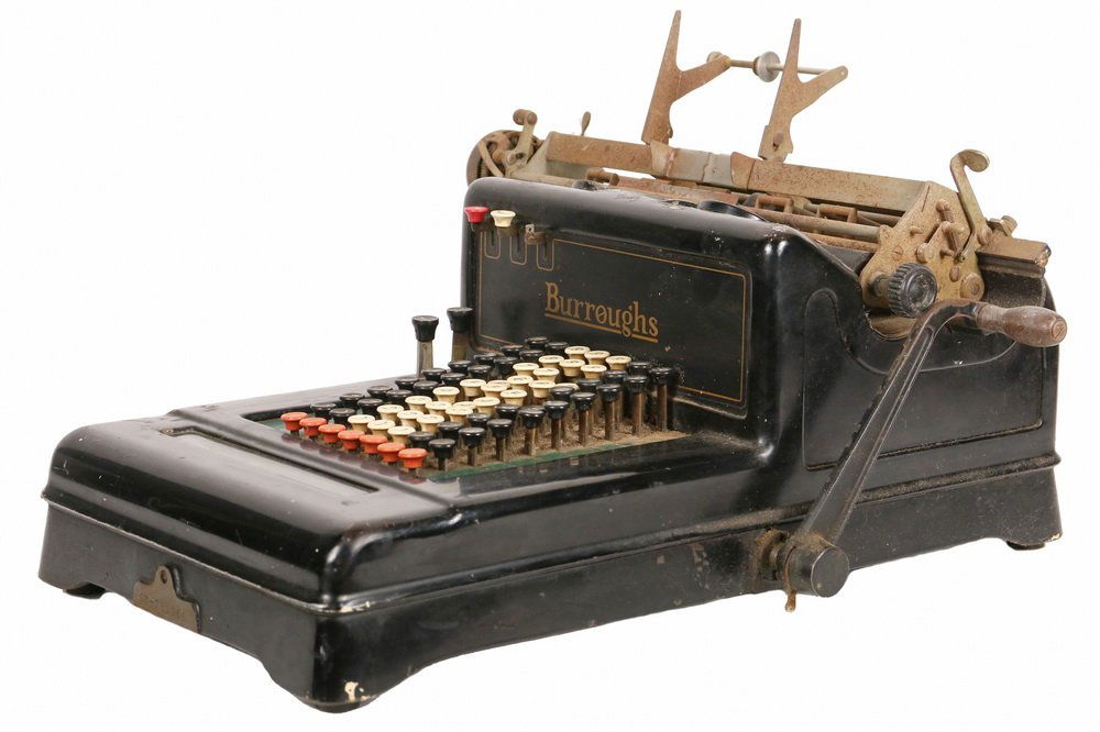 ANTIQUE ADDING MACHINE/CALCULATOR - Burroughs "Visible": ANTIQUE ADDING MACHINE/CALCULATOR - Burroughs "Visible" Adding Machine, Class 3, s/n 781066, circa 1920, 7 column iron case. 12" x 20" x 18". Needs restoration, missing one button. 42 pounds.