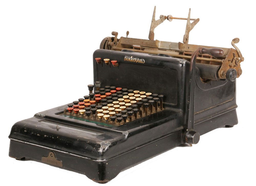 ANTIQUE ADDING MACHINE/CALCULATOR - Burroughs "Visible": ANTIQUE ADDING MACHINE/CALCULATOR - Burroughs "Visible" Adding Machine, Class 1, s/n 215579, circa 1915, 10 column iron case. 12" x 20" x 18". Needs restoration, missing five buttons. 42 pounds.