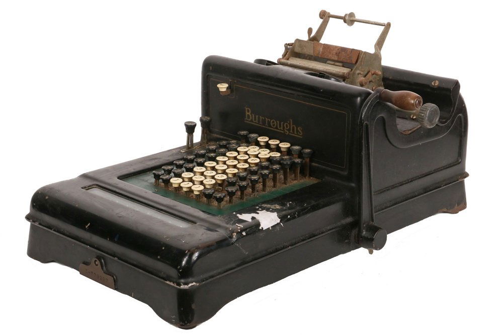 ANTIQUE ADDING MACHINE/CALCULATOR - Burroughs "Visible": ANTIQUE ADDING MACHINE/CALCULATOR - Burroughs "Visible" Adding Machine, Class 3, s/n 77929, circa 1920, 7 column iron case. 12" x 20" x 18". Needs restoration. 42 pounds.