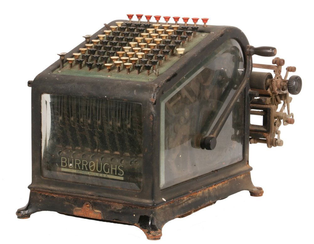 ANTIQUE ADDING MACHINE/CALCULATOR - Burroughs Model No.: ANTIQUE ADDING MACHINE/CALCULATOR - Burroughs Model No. 9, Class 1, s/n 129803, 9 column, circa 1910, iron case with beveled glass front and sides. 14" x 20" x 22". Needs restoration. 54 pounds.