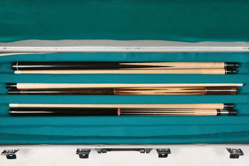 (3) CUSTOM SIGNED JACOBY POOL CUES IN ONE CASE Very