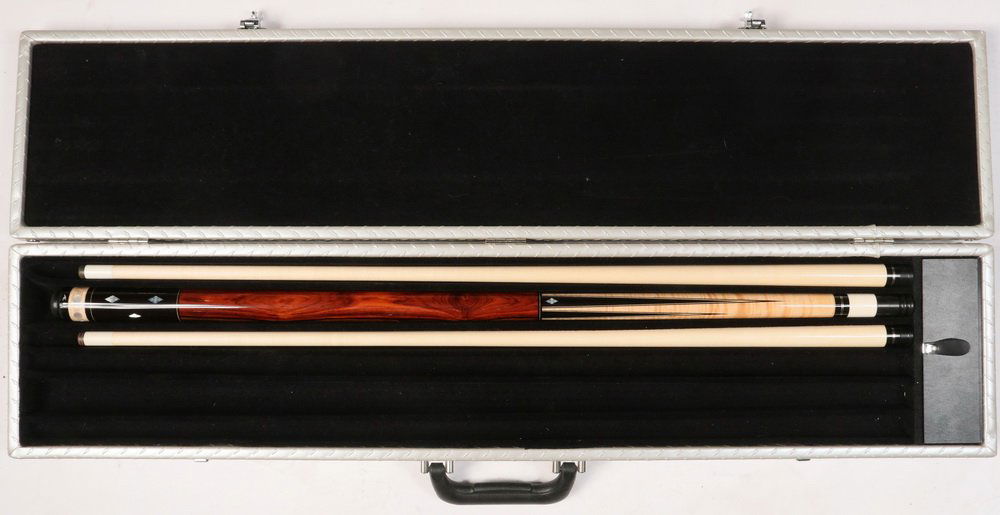 AE CUSTOM POOL CUE - Artistic Engineering Cue with six: AE CUSTOM POOL CUE - Artistic Engineering Cue with six points in ebony having abalone diamond inlay, tiger maple forestock, ivorene, black phenolic and silver banding, ebony butt with same detailing,