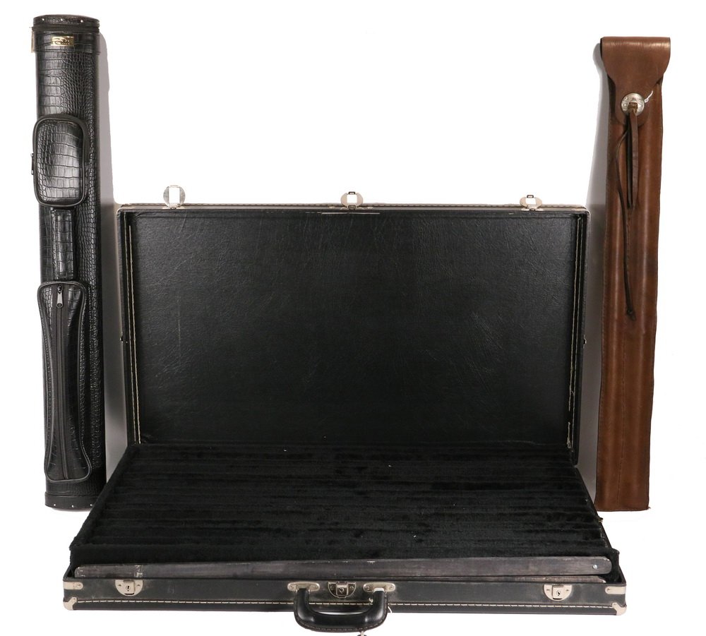 (3) EMPTY POOL CUE CASES - Including: Black Dealer's: (3) EMPTY POOL CUE CASES - Including: Black Dealer's Hardcase with fitted tray, holds 12 cues, with lock and key, 18" x 32" x 4"; PLUS "Elite" brand 2/2 faux black alligatior soft case, with shoulder 