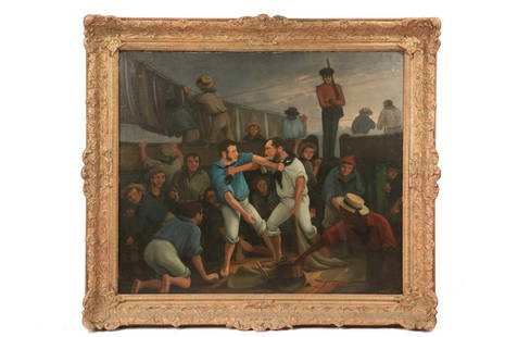 CHARLES GREGORY (UK, 1810-1896) - Impromptu Royal Navy: CHARLES GREGORY (UK, 1810-1896) - Impromptu Royal Navy Boxing Match, oil on canvas, signed lower right and dated 1842. Housed in a Victorian gold gesso frame, OS: 33" x 37", SS: 26 1/2" x 31",