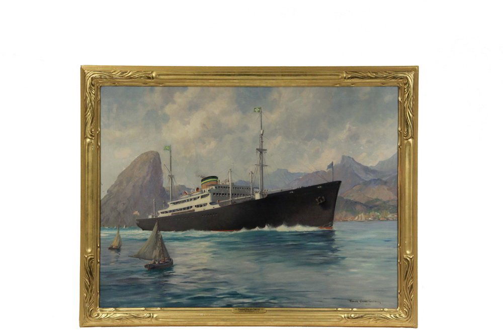 FRANK VINING SMITH (MA, 1879-1970) - Ocean Liner 'Del: FRANK VINING SMITH (MA, 1879-1970) - Ocean Liner 'Del Brasil' Departs Rio, oil on canvas, signed lower right and dated 1940, 22K gold frame with name tag, OS: 34 1/2" x 44 1/2", SS: 29" x 39". From a