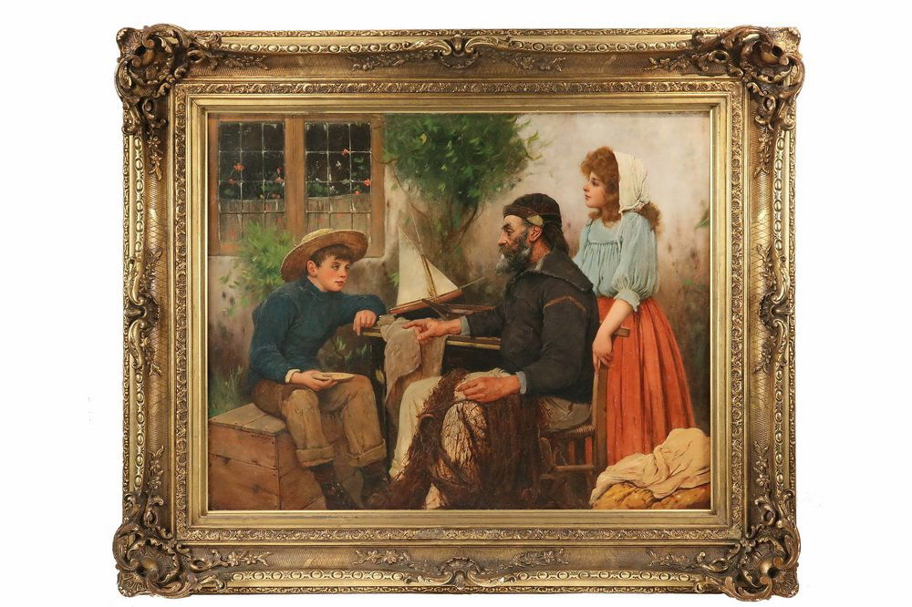 ATTRIBUTED TO HENRY HETHERINGTON EMMERSON (UK,: ATTRIBUTED TO HENRY HETHERINGTON EMMERSON (UK, 1831-1895) - "The Storyteller", oil on canvas, signed lower left (altered by cleaning, retouched, misspelt), titled on Roger King Fine Arts of Newport, R