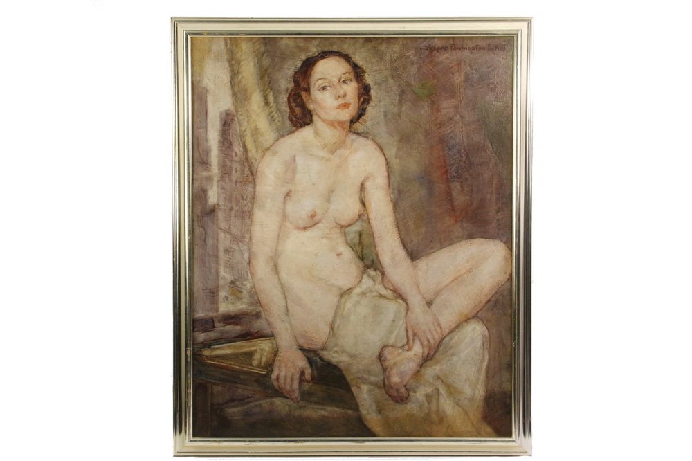 JEROME PENNINGTON DEWITT (NY/NJ, 1895-1940) - "Kay",: JEROME PENNINGTON DEWITT (NY/NJ, 1895-1940) - "Kay", oil on canvas, signed upper right, depicting a seated partly draped nude, with label verso from the Pennsylvania Academy of Fine Arts 131st Annual 