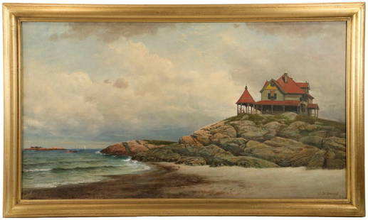 JAMES BRADE SWORD (PA, 1839-1915) - Summer Cottage,: JAMES BRADE SWORD (PA, 1839-1915) - Summer Cottage, Cohasset, Massachusetts, oil on canvas, signed lower right and dated 1884, in later gold molded frame, OS: 23 1/2" x 39 1/2", SS: 19 1/2" x 35 1/2".