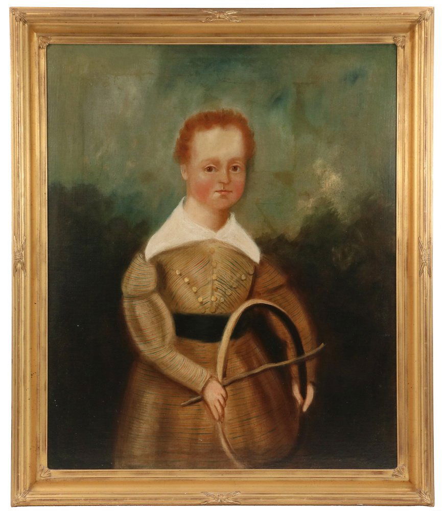NAIVE PORTRAIT - Itinerant Artist's Portrait of a: NAIVE PORTRAIT - Itinerant Artist's Portrait of a Red-Haired Boy in Striped Fauntleroy Outfit, holding a hoop and stick toy, circa 1840, American, oil on canvas, with conservation record verso from Ol