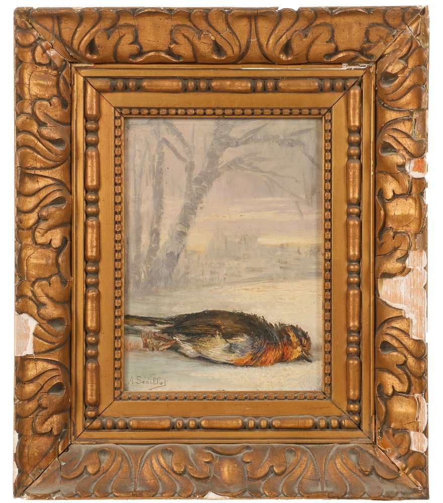 ANNA SEDILLOT (19th c. Belgium) - "Rouge-Gorge", oil on: ANNA SEDILLOT (19th c. Belgium) - "Rouge-Gorge", oil on mahogany panel with Ph. Lecleuse of Paris stencil, signed lower left, titled on paper label verso, a study of a fallen bird in a winter landscap