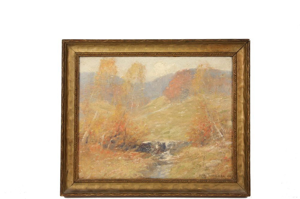 ERNEST ALBERT (NY/CT, 1857-1946) - Landscape with: ERNEST ALBERT (NY/CT, 1857-1946) - Landscape with Stream and Mountains, oil on artist's board, signed lower left, dated '34, in gold pressed wood frame, OS: 9 1/2" x 11 1/2", SS: 7 1/2" x 9 1/2". Good