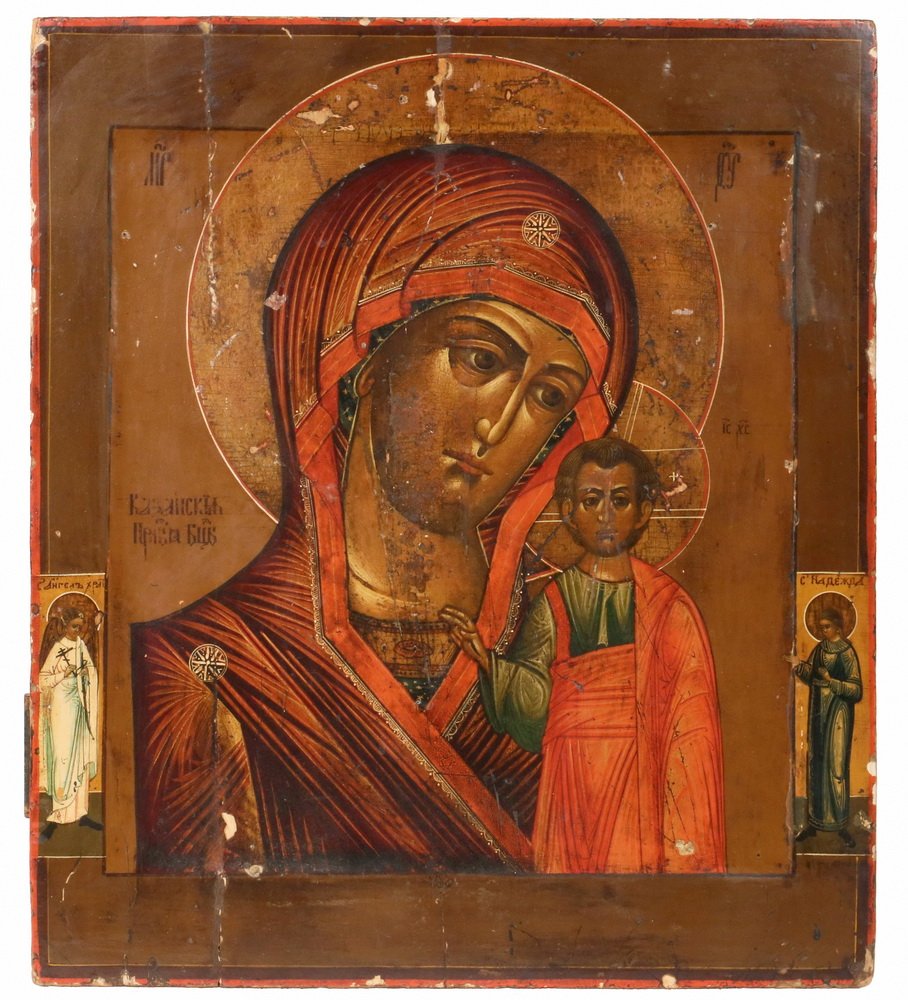 RUSSIAN ICON - 19th c. Madonna and Child flanked by (1 of 7)