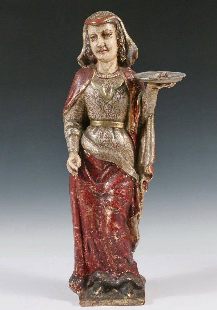 CENTRAL AMERICAN SANTOS - 'Sa. Lucia', 19th c.,: CENTRAL AMERICAN SANTOS - 'Sa. Lucia', 19th c., probably Mexico, she is depicted holding a tray aloft with her eyes, which she gouged out in order to keep from being married off to a Pagan. Polychrome