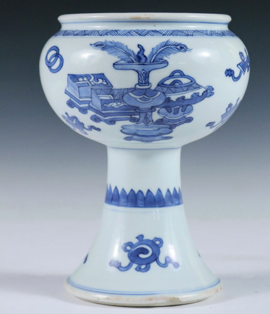 STEM BOWL - Chinese 18th c. Blue & White Decorated (1 of 4)