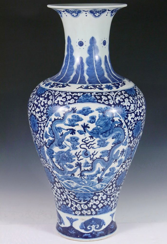 CHINESE PORCELAIN FLOOR VASE - Large Qing Blue and (1 of 8)