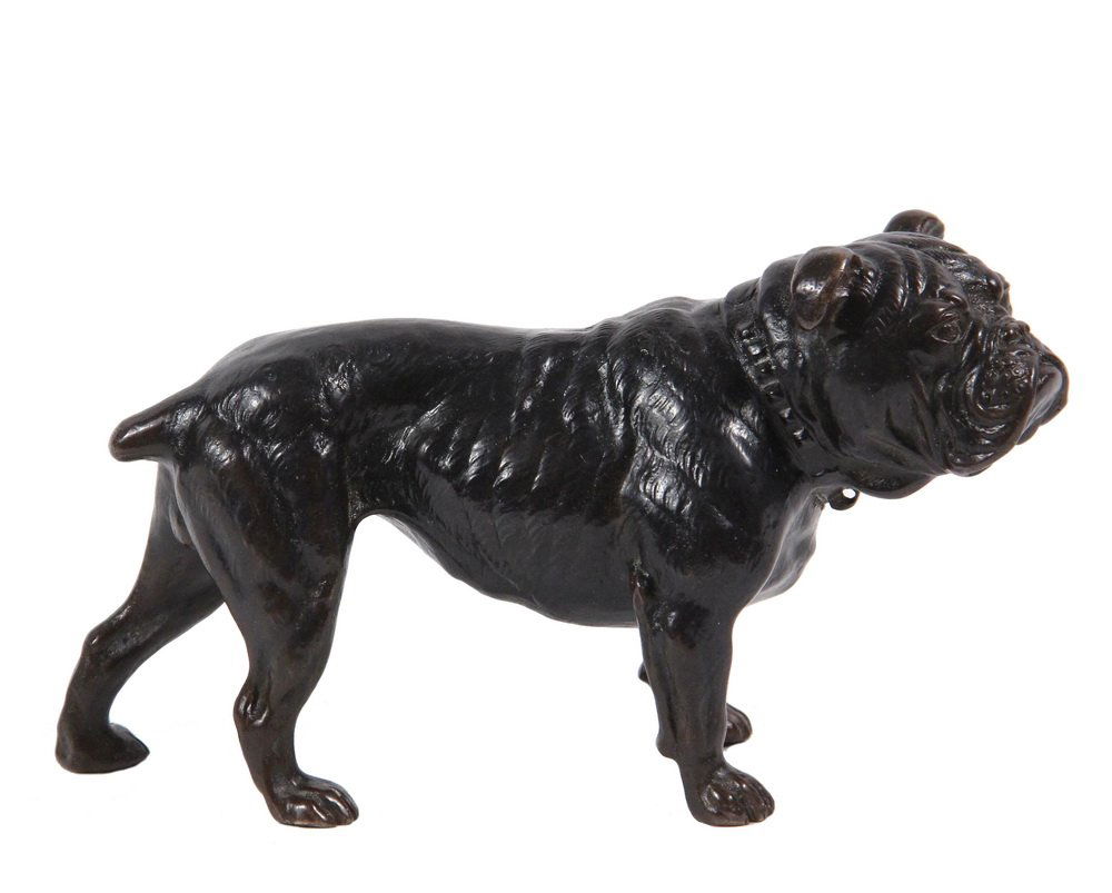 BRONZE SCULPTURE - Standing English Bulldog with: BRONZE SCULPTURE - Standing English Bulldog with Studded Collar, unsigned, probably French, 19th c. Very fine quality, realistic in every detail, extremely heavy. 7 1/2" long. Fine condition, golden b