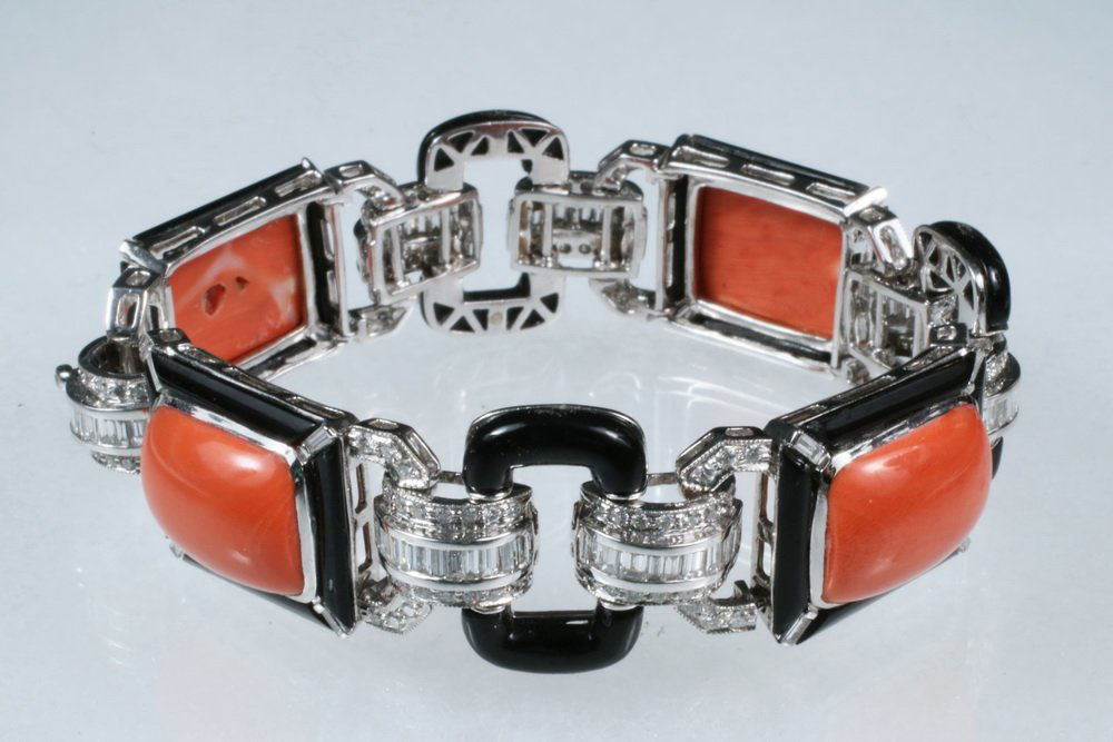BRACELET - 18K White Gold, Coral, Onyx and Diamond Link (1 of 5)