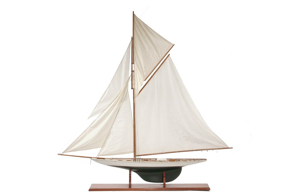 POND MODEL - Fully Finished Model of an unidentified: POND MODEL - Fully Finished Model of an unidentified Sailing Yacht, in painted wood, with cloth sails, on a mahogany base with no case, 47" hull, 69" loa, 9" beam, 71 1/2" tall overall.