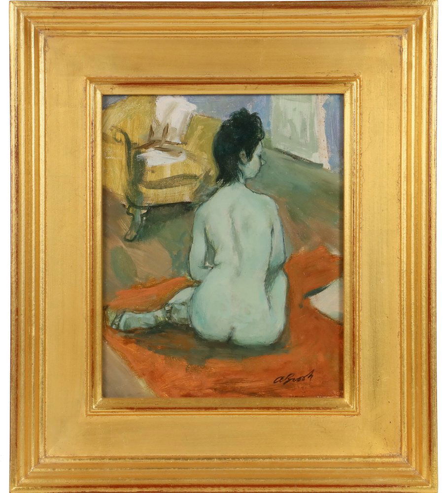 ALEXANDER BROOK (NY/GA, 1898-1980) - Study of a Nude: ALEXANDER BROOK (NY/GA, 1898-1980) - Study of a Nude Seated on the Floor (his wife, painter Peggy Bacon), oil on mahogany panel, signed lower right, in custom gilt panel frame by Hackman Frames. OS: 1