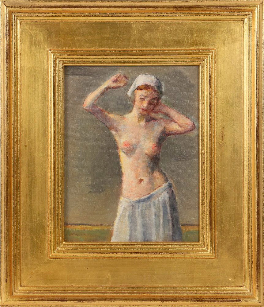 ROBERT BRACKMAN (NY/CT, 1898-1980) - "Study #4" (Blue: ROBERT BRACKMAN (NY/CT, 1898-1980) - "Study #4" (Blue Nude), oil on canvas, signed lower left, signed and titled verso, marked "Noank, Conn", in custom gilt panel frame by Hackman Frames, OS: 16 1/2"