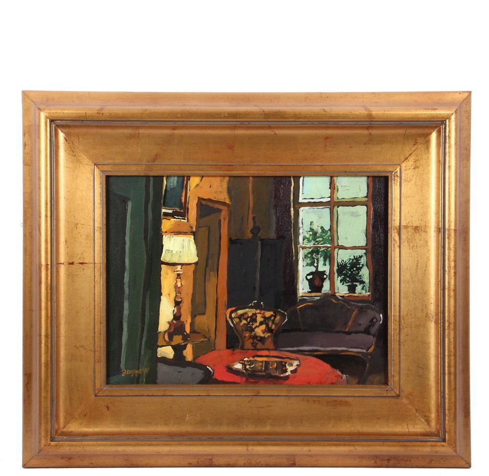 JOANNA M. WEZYK (NY/Poland, 1966 - ) - "Room From: JOANNA M. WEZYK (NY/Poland, 1966 - ) - "Room From Brownstone Near Crakow, Poland", oil on canvas, signed lower left and dated '99, titled verso, depicting a room with large window and Victorian furnis