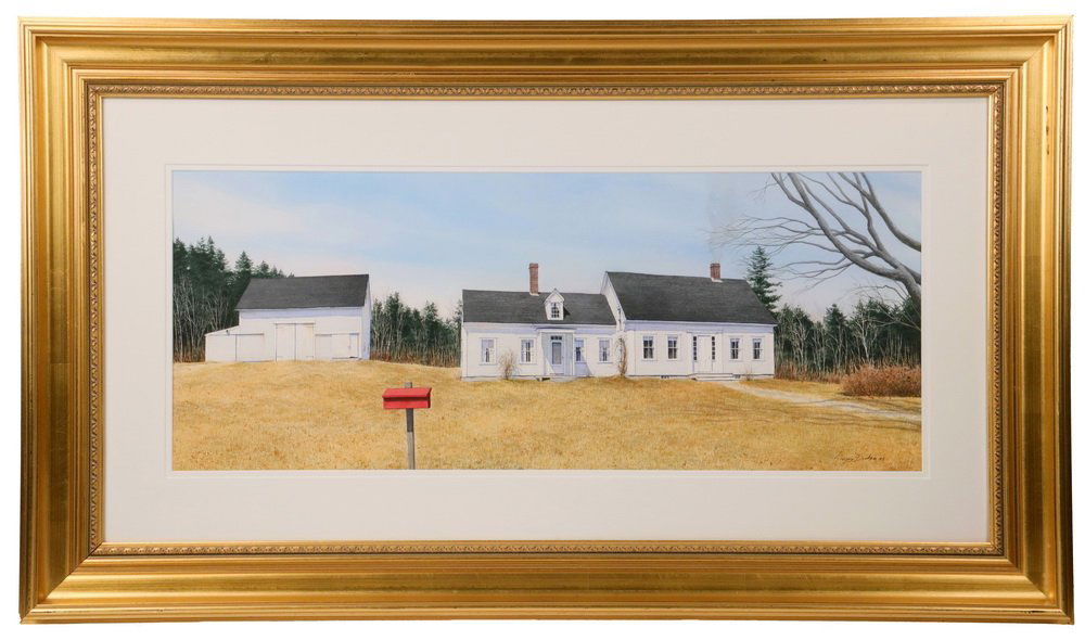 GREGORY DUNHAM (MA/ME, 1946 - ) - "Red Mailbox",: GREGORY DUNHAM (MA/ME, 1946 - ) - "Red Mailbox", watercolor on paper, signed lower right and dated 1995, titled on Pine Tree Shop and Bay View Gallery of Camden, Maine label verso, in gold molded fram
