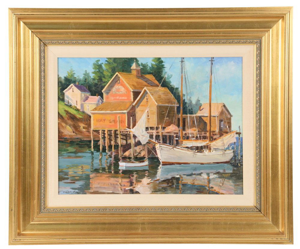 FREDERICK (FRITZ) KUBITZ, (Contemporary Mass) -: FREDERICK (FRITZ) KUBITZ, (Contemporary Mass) - "Coastal Schooner, Boothbay, Maine, circa 1900", oil on canvas, signed lower left, titled on label verso, in gold molded frame, with linen liner, OS: 19