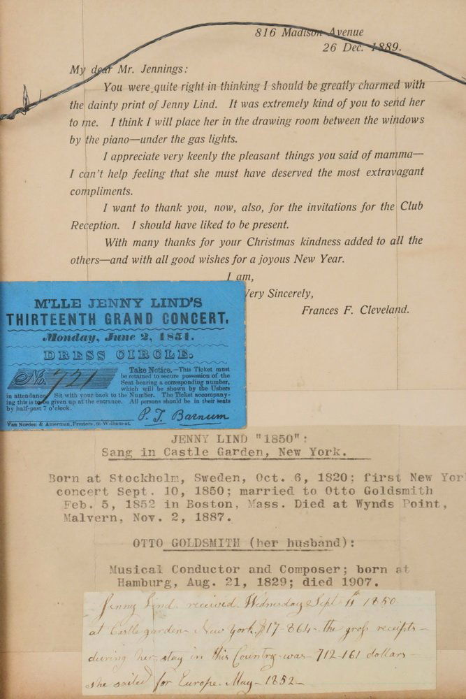 JENNY LIND TICKET W/ EPHEMERA - Framed ticket to Jenny (1 of 3)