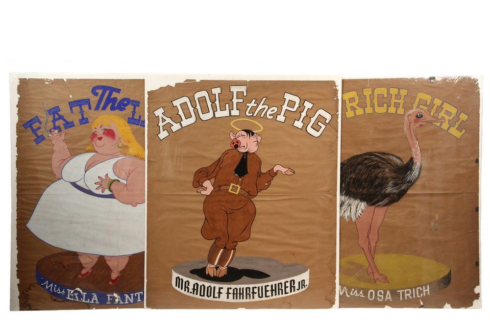 (3) ORIGINAL WWII USO PAINTED BROADSIDES - Circus-Style: (3) ORIGINAL WWII USO PAINTED BROADSIDES - Circus-Style Posters for a USO Dance and War Bond Drive, painted in May-Nov, 1942 in tempera on kraft paper, depicting "Adolf the Pig, Mr. Adolf Fahrfuehrer,