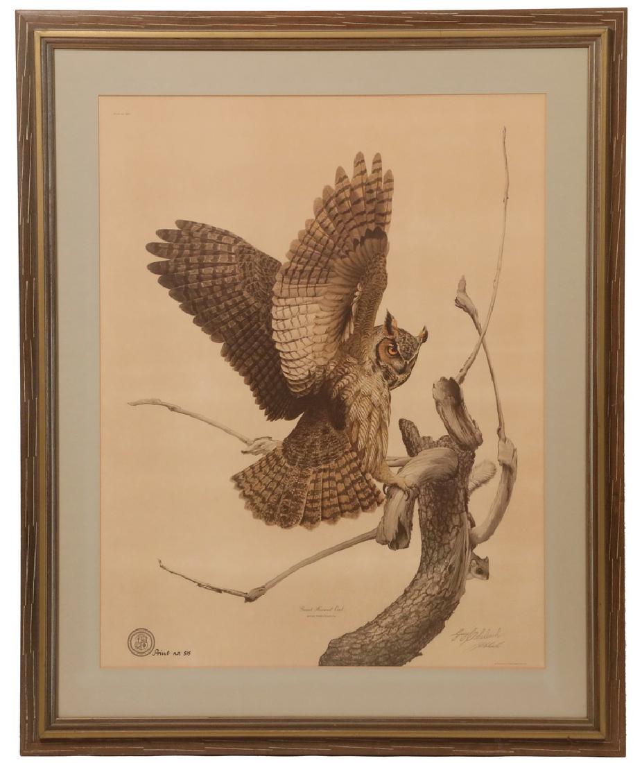 GUY COHELEACH (NY/NJ, 1933 - ): "Great Horned Owl", offset color lithograph, limited edition to benefit Transylvania University, numbered 515, pencil signed by the artist below his printed signature, in wood and gold frame, matted u