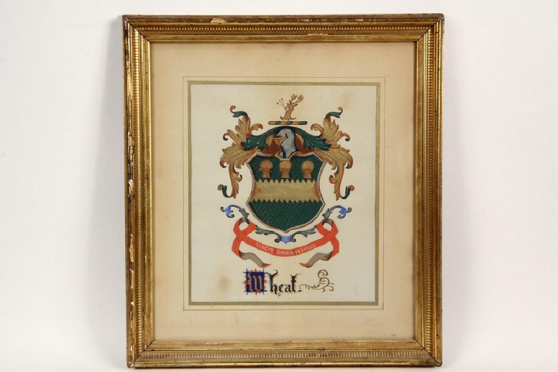 COAT OF ARMS: Hand Painted Heraldic Shield for the Wheat family, in polychrome gouache and metallic gold paint, with etched lemon gold frame, french-lined mat, under glass, OS: 21" x 19", SS: 13" x 11". Toned.
