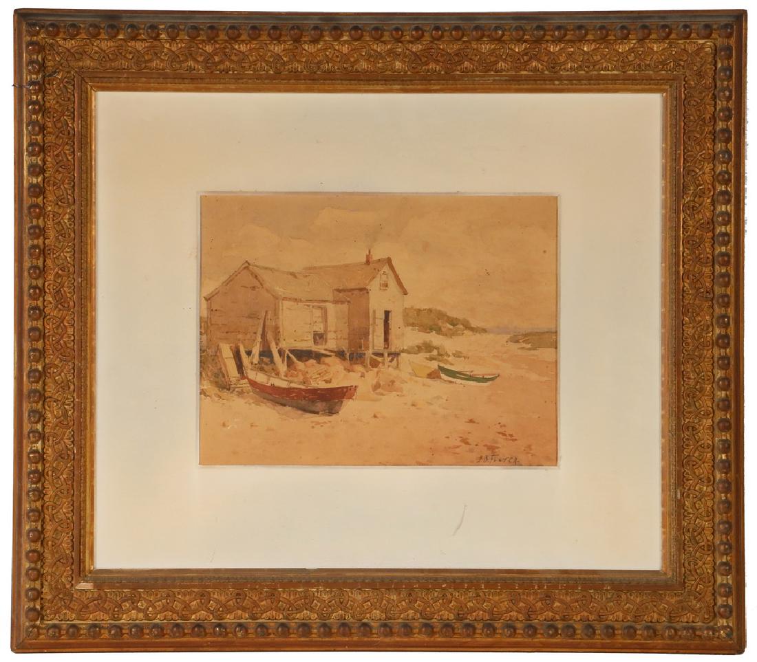 JOHN B. FOSTER (MA, 1865-1930): Gloucester Fishing Shanty, watercolor on paper, laid to illustrator's board, signed lower right, circa 1900, in the original pressed wood frame with beaded edge, matted, no glass. OS: 20 1/2" x 23", S