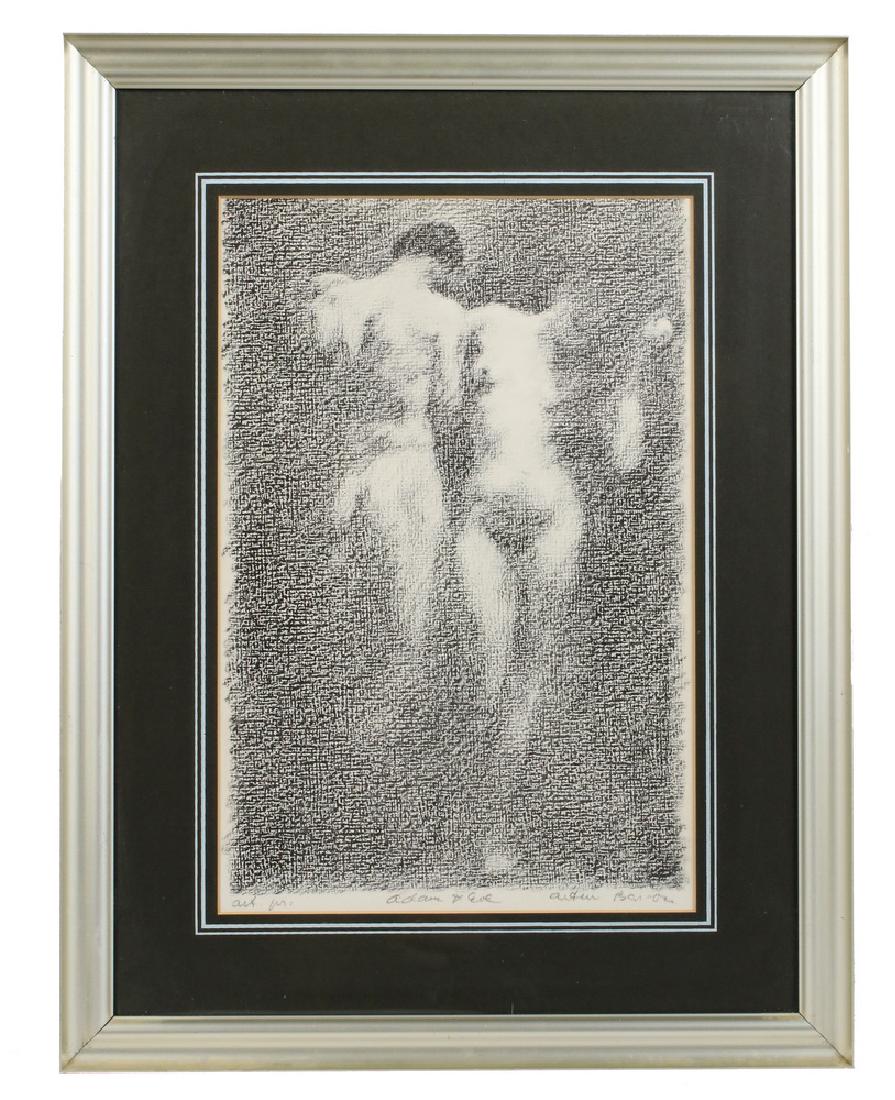 LITHOGRAPH: 'Adam & Eve' by Arthur Bar-On, an Israeli artist, in aluminum molded frame, matted and glazed, SS: 12" x 8", OS: 17" x 13". Very good condition.