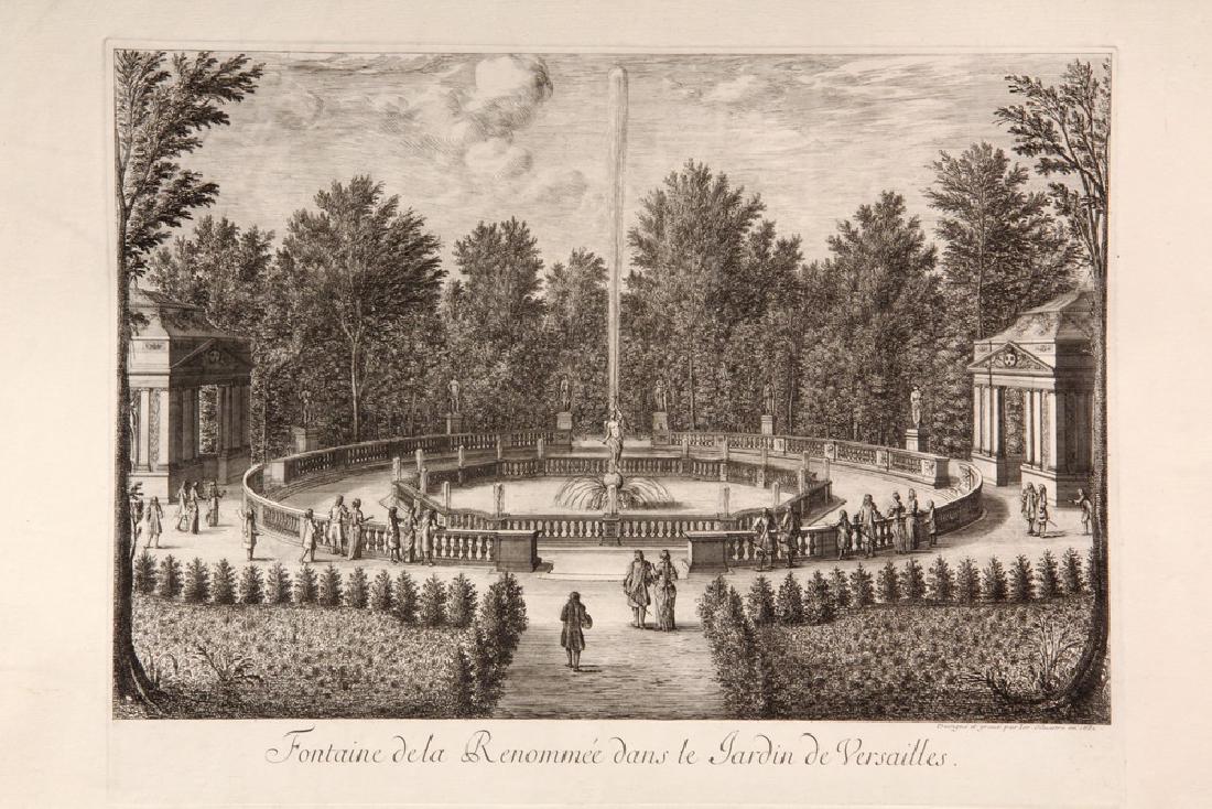 (18) 17TH-18TH C. PRINTS: Including: Etching of Shipwreck, 1753 by Adrien Manglard, (1695-1760), 12" x 18" image, center vertical crease; PLUS Etching 'Fontaine de la Renommee dans le Jardin de Versailles', 1682, by Israel Sil