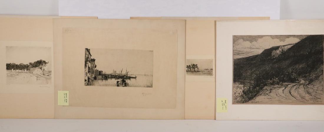 (4) LANDSCAPE PRINTS: All tipped into mats, including: ROBERT CHARLES GOFF (UK, 1837-1922) - "The Deserted Quarry on the Downs", litho on grey paper, signed and titled in print, dated 1895, also in pencil, 9 1/2" x 12 1/4"