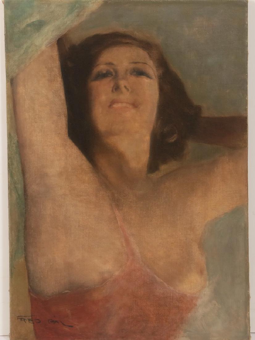 PAL FRIED (Hungary/NY, 1893-1976): Study of Seminude Lady in Pink Slip, oil on canvas, signed lower left. She is depicted with her hands behind her head, her face tilted up but her gaze fixed on the artist, Caro Gallery of Bahamas stam