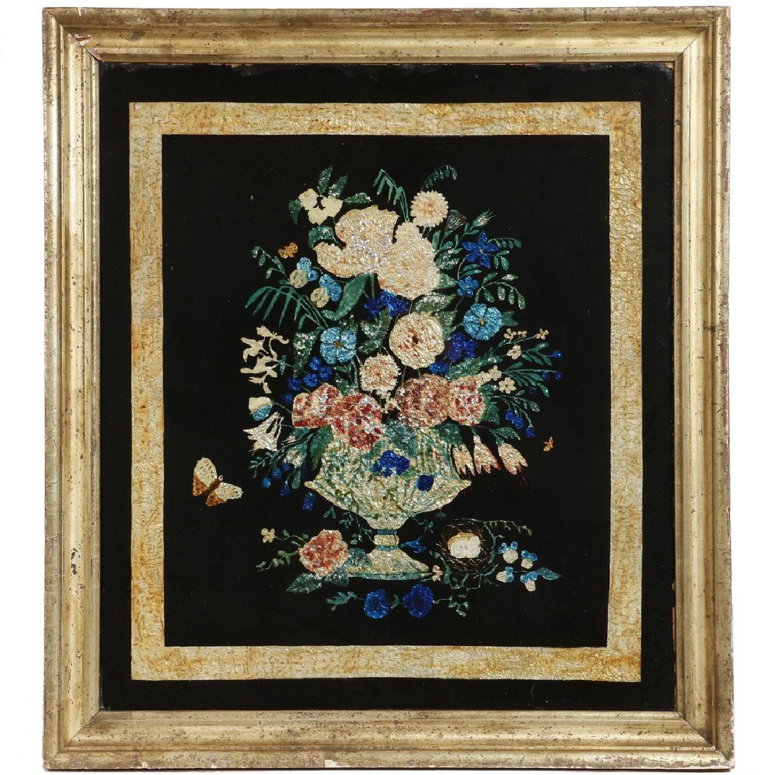 FOLK ART FOIL PAINTING: Still Life of Flowers in Urn with Butterfly, banded border, circa 1850, in the original lemon gold molded frame, OS: 21 1/2" x 19 1/4", SS: 18 1/2" x 16 1/4". Good condition.