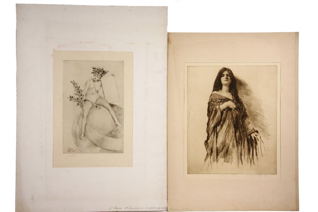 (2) ROMANTIC MOVEMENT ETCHINGS: Both matted, including: JAMES-JACQUES-JOSEPH TISSOT (France, 1836-1902) - "Second Frontispiece, Sitting on the Globe", drypoint, plate destroyed, signed in plate and dated 1875 with seal, pencil signe