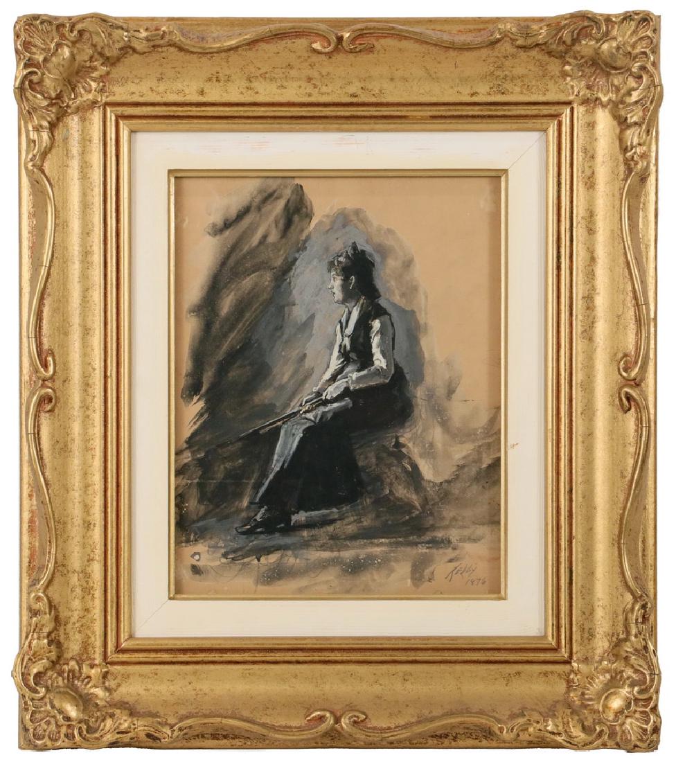JAMES EDWARD KELLY (NY, 1855-1933): "Helen Hubbard, who married Guy Carlton. Sketched in Joe Evans' sketch club, 36 E. 31st St. 1876.", gouache en grisaille on board of a young woman seated, holding a rifle, signed and dated lower right