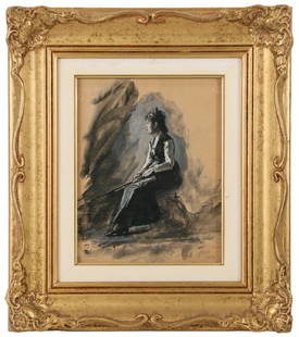 JAMES EDWARD KELLY (NY, 1855-1933): "Helen Hubbard, who married Guy Carlton. Sketched in Joe Evans' sketch club, 36 E. 31st St. 1876.", gouache en grisaille on board of a young woman seated, holding a rifle, signed and dated lower right