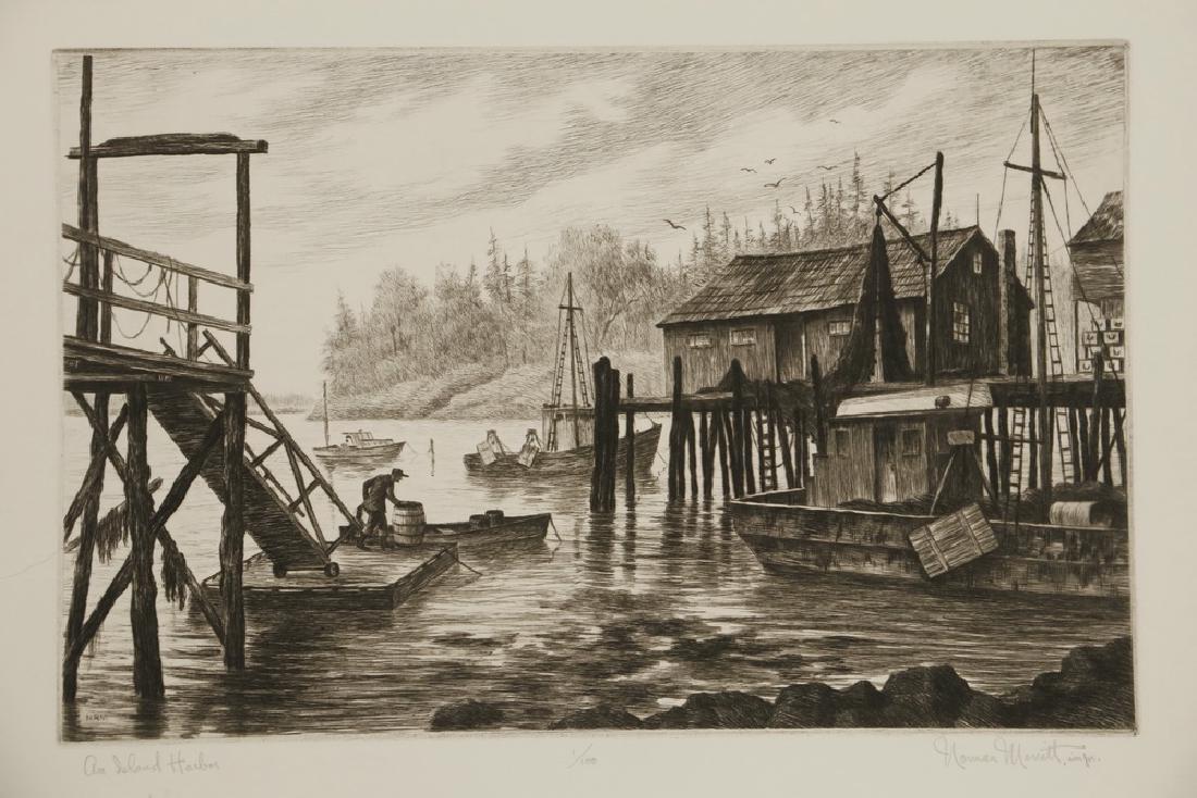NORMAN MERRITT (20th c. Maine): (9) Etchings, all pencil signed, titled and numbered, including: 1) "Dories at Christmas Cove", 28/50; 2) "Board Meeting", 1/50; 3) "Derelict at Wiscasset", 65/100; 4) "Island Lobsterman", 9/50; 5) "S